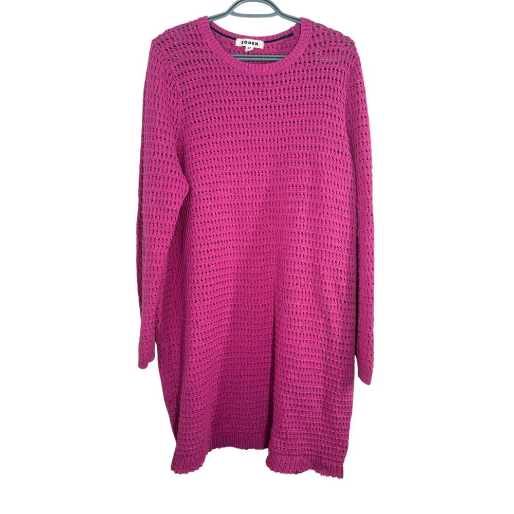 Boden Womens Open Knit Pink Dress Sz 14L Beachy Chunky Knit Long Sleeve Cotton